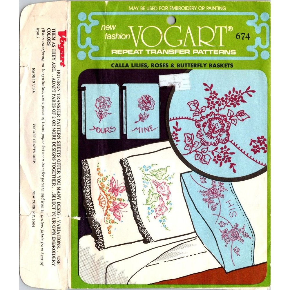 Vintage Vogart Transfer Patterns, 674 Calla Lilies Roses and Butterfly Baskets